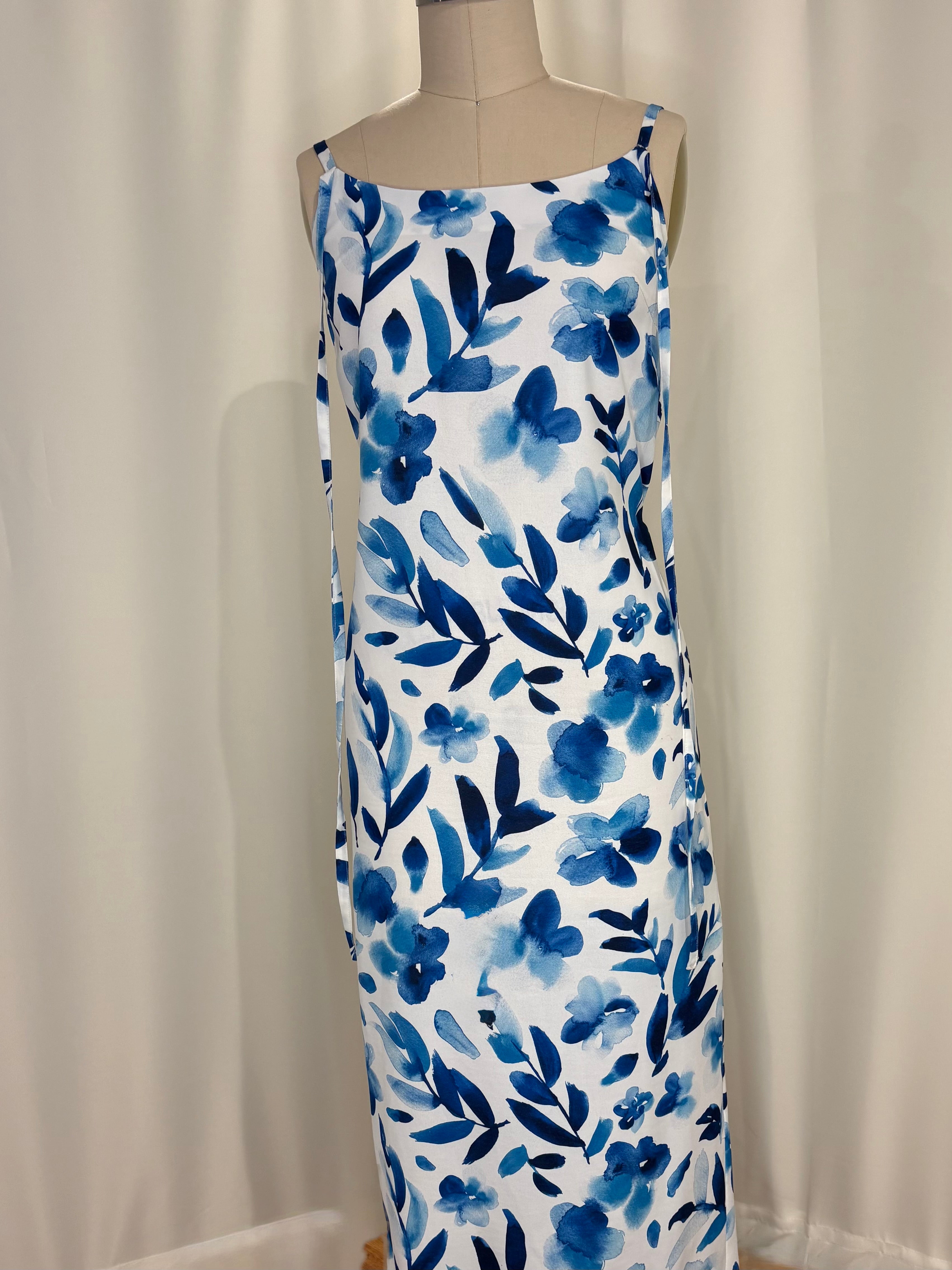 Blue & White Watercolor Floral Maxi Dress