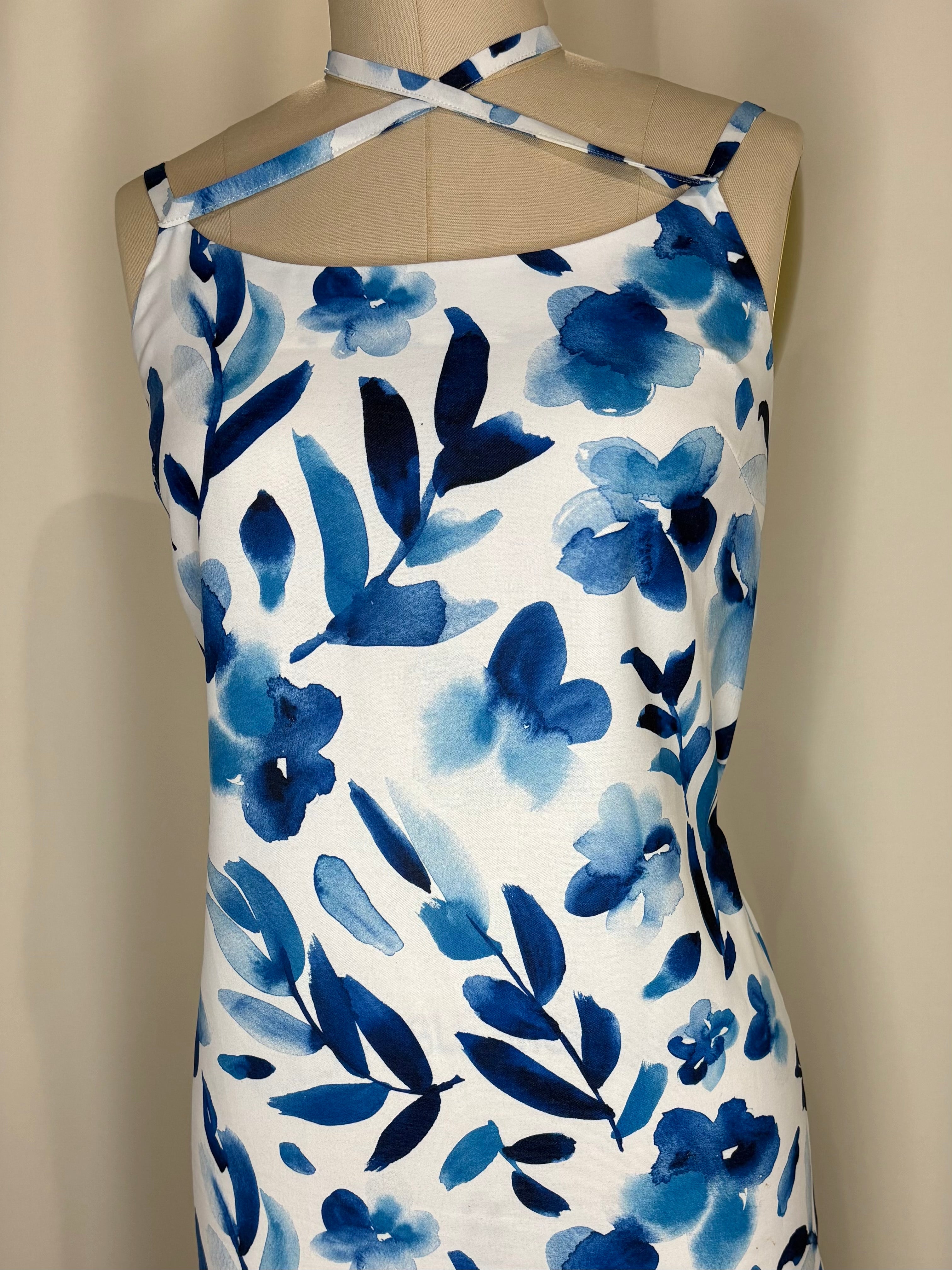 Blue & White Watercolor Floral Maxi Dress