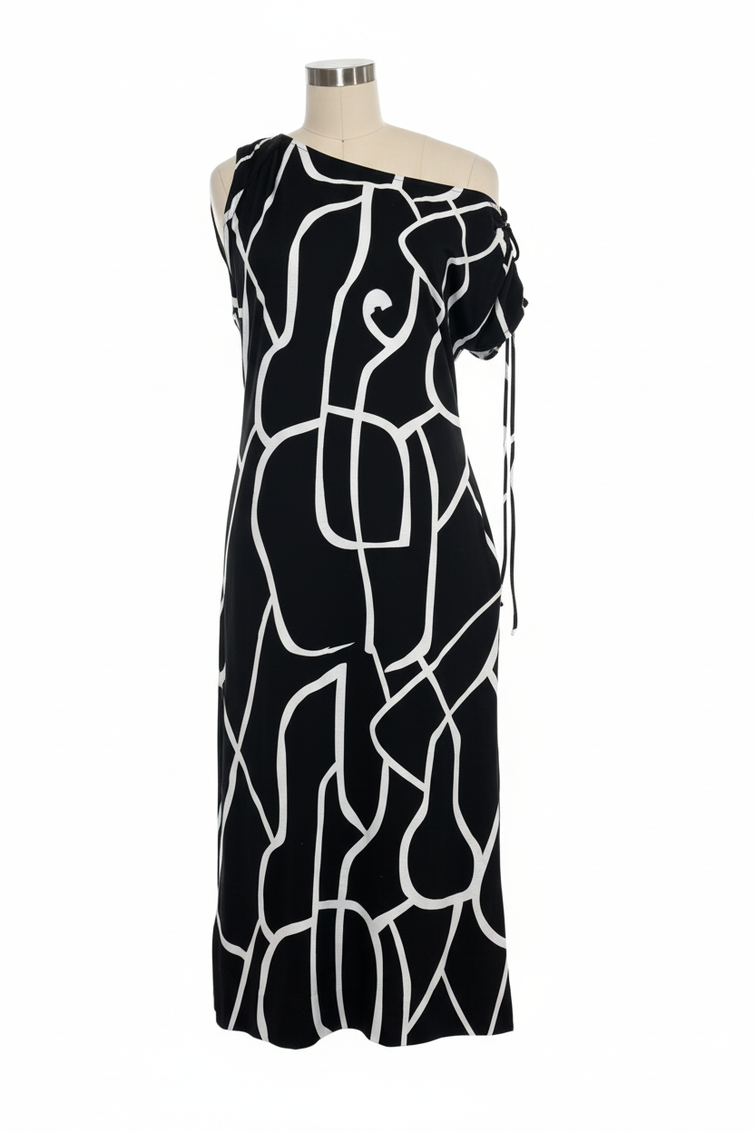 Black & White Geometric One Shoulder Sleeveless Dress - Ghost Mannequin