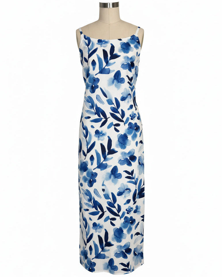 Blue Watercolor Floral Maxi Dress - Convertible Straps
