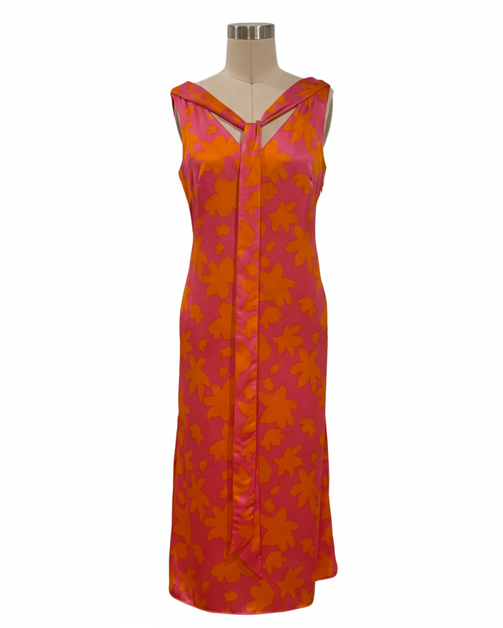 Orange and Pink Multi-Sash Midi Dress with white background